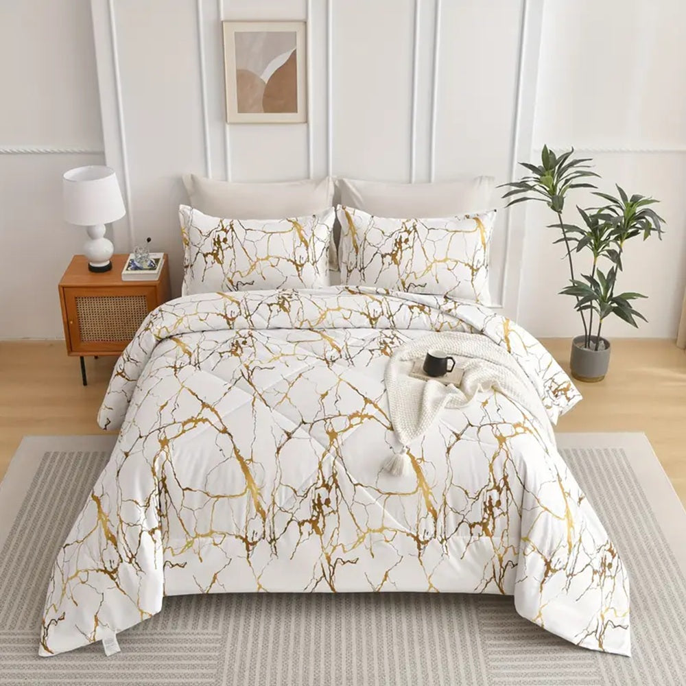 Premium Bedding Set - Elegant Floral Design with Golden Branches - Soft Cotton