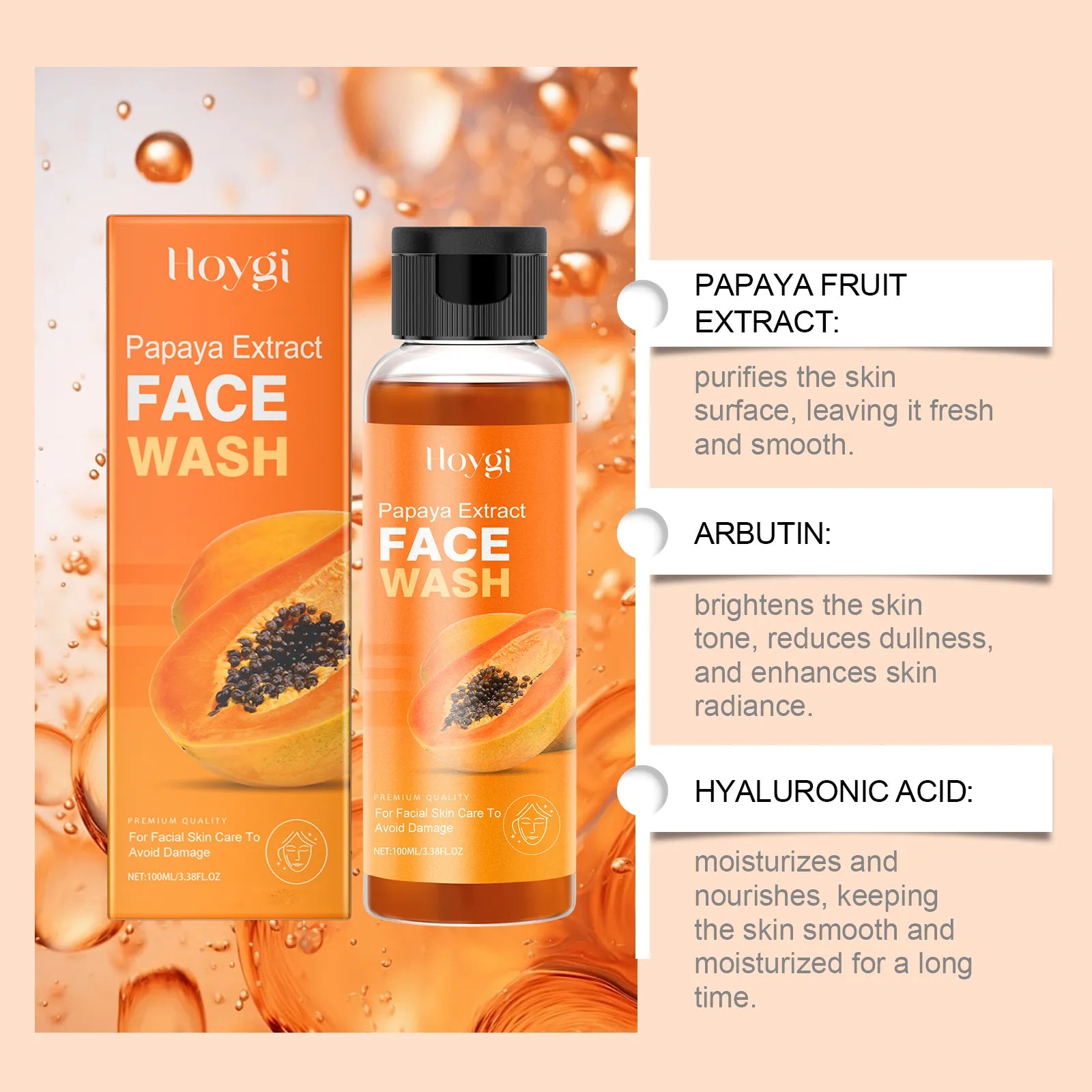 Hoygi Papaya Face Wash - Gentle Cleanser cu Extract de Papaya | Curățare Blândă & Hidratantă 100ml