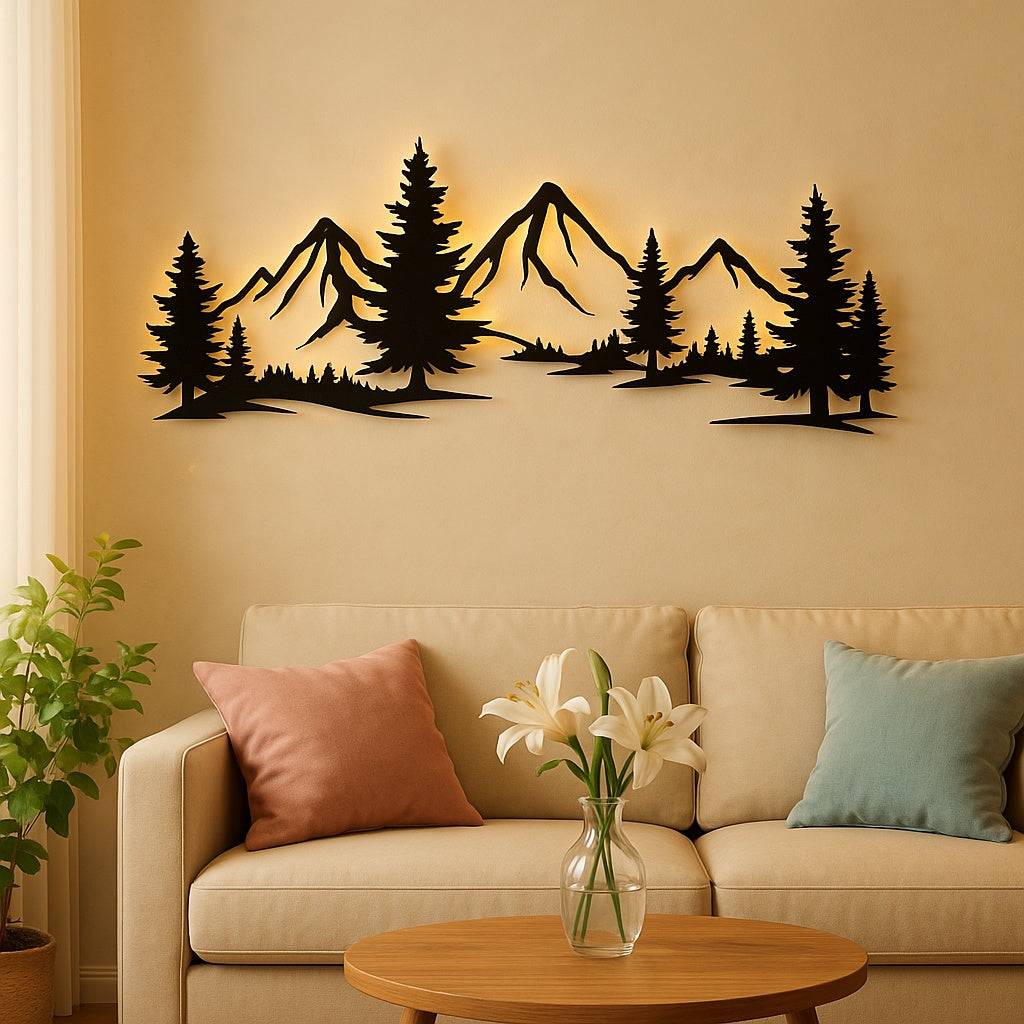 3D Metal Wall Art - Rustic Forest Mountain Design | 40cm Black Silhouette Decor