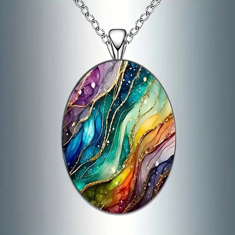 Dreamy Rainbow Ripple Oval Glass Pendant Necklace - Iridescent Crystal Jewelry | Valentine's Gift