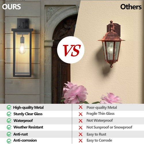 Set of 2 Modern Outdoor Wall Lanterns - 20" Black Metal & Glass | Weather-Resistant