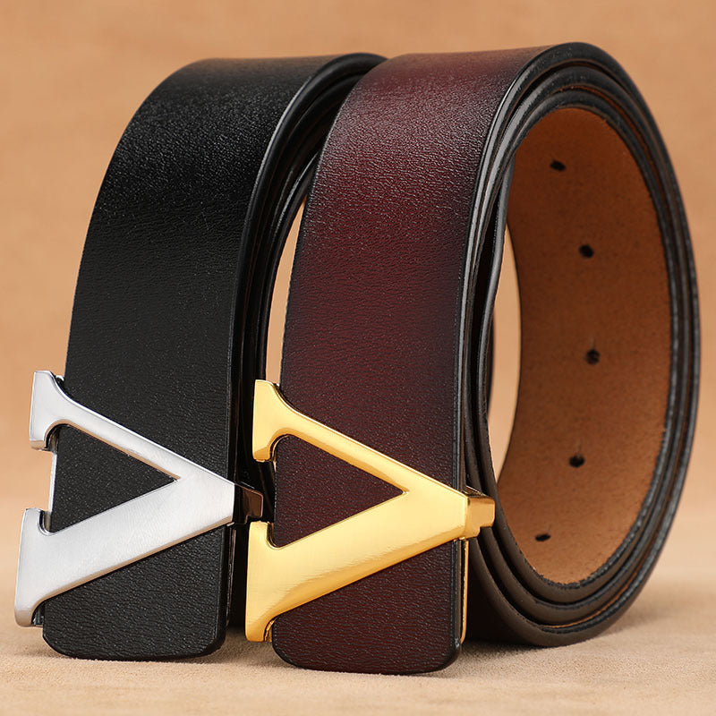Retro Smooth Genuine Leather Belt - Pure Cowhide Letter V Pants Belt