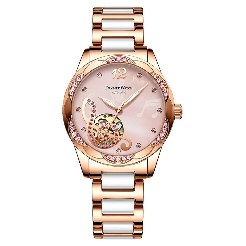 Deyi Bird Wine-Red Note Hollowed-Out Fully Automatic Mechanical Women's Watch