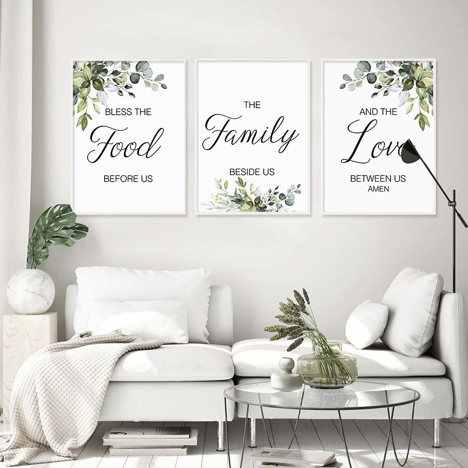 Minimalist Wall Art Set of 3 - Family Food Love Quotes | Botanical Prints