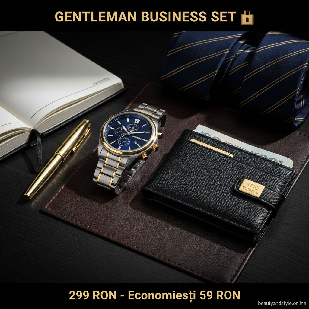 💼 GENTLEMAN BUSINESS SET - Ceas Elegant Quartz + Portofel RFID Blocking | Cadou Premium Valentine's Day