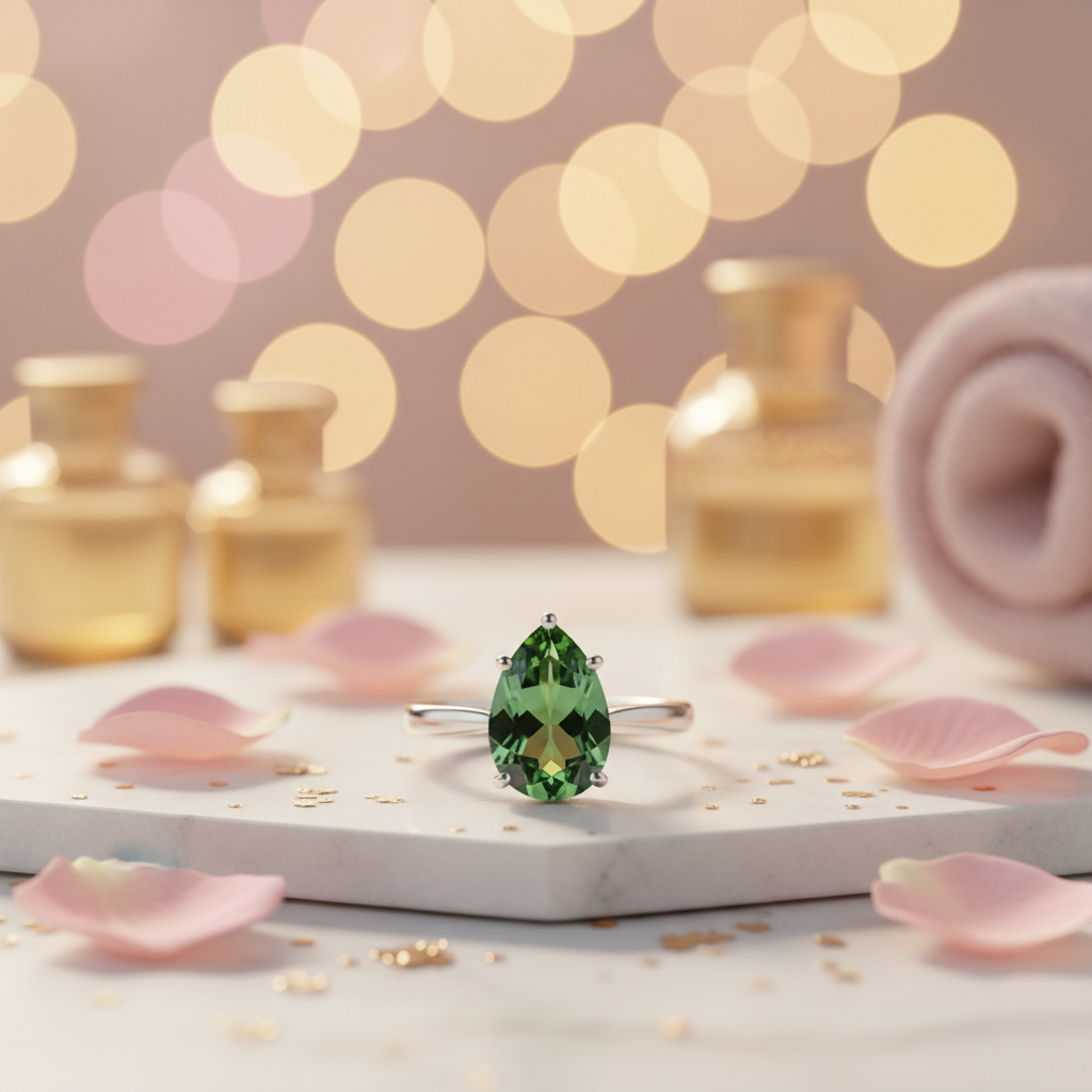 Inel elegant cu diamant verde - cadou perfect Valentine's Day
