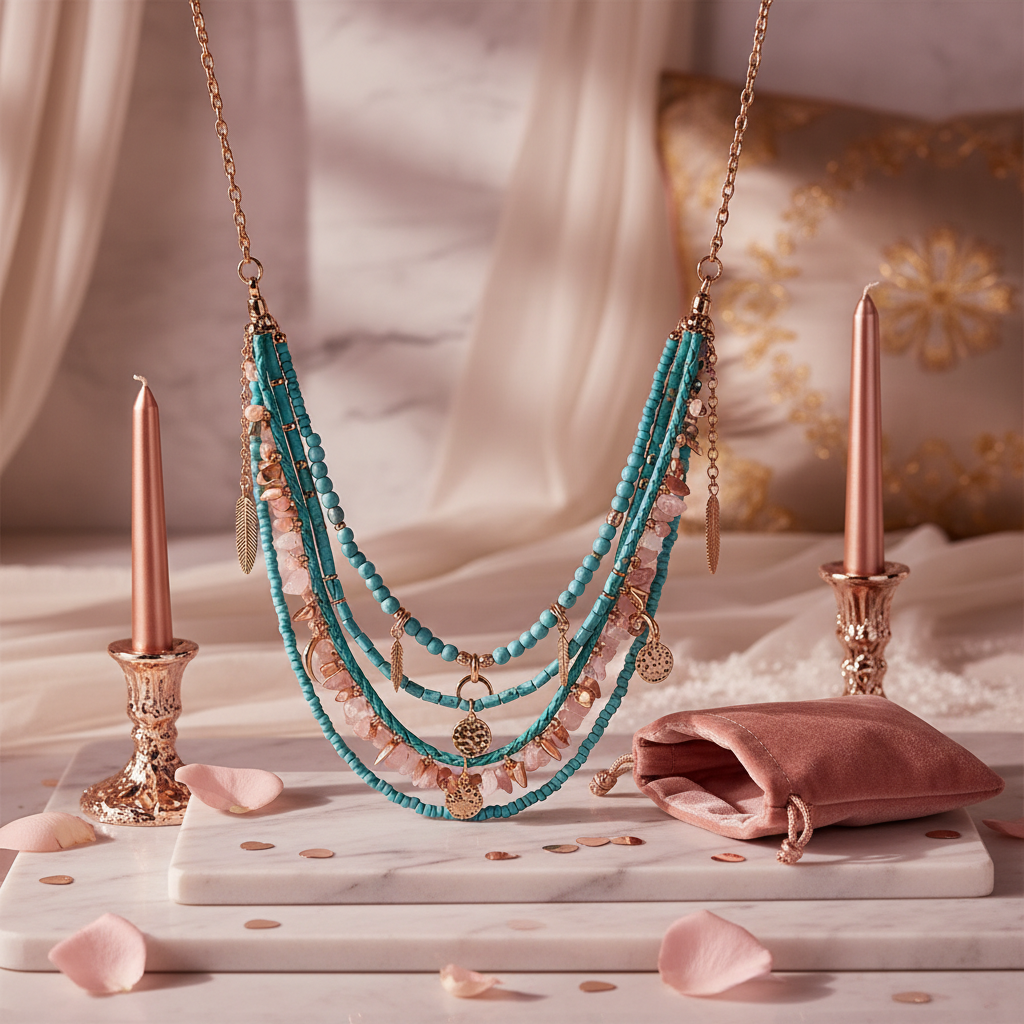 Colier Boho Turcoaz Layered - Bijuterie Elegantă Valentine's Day