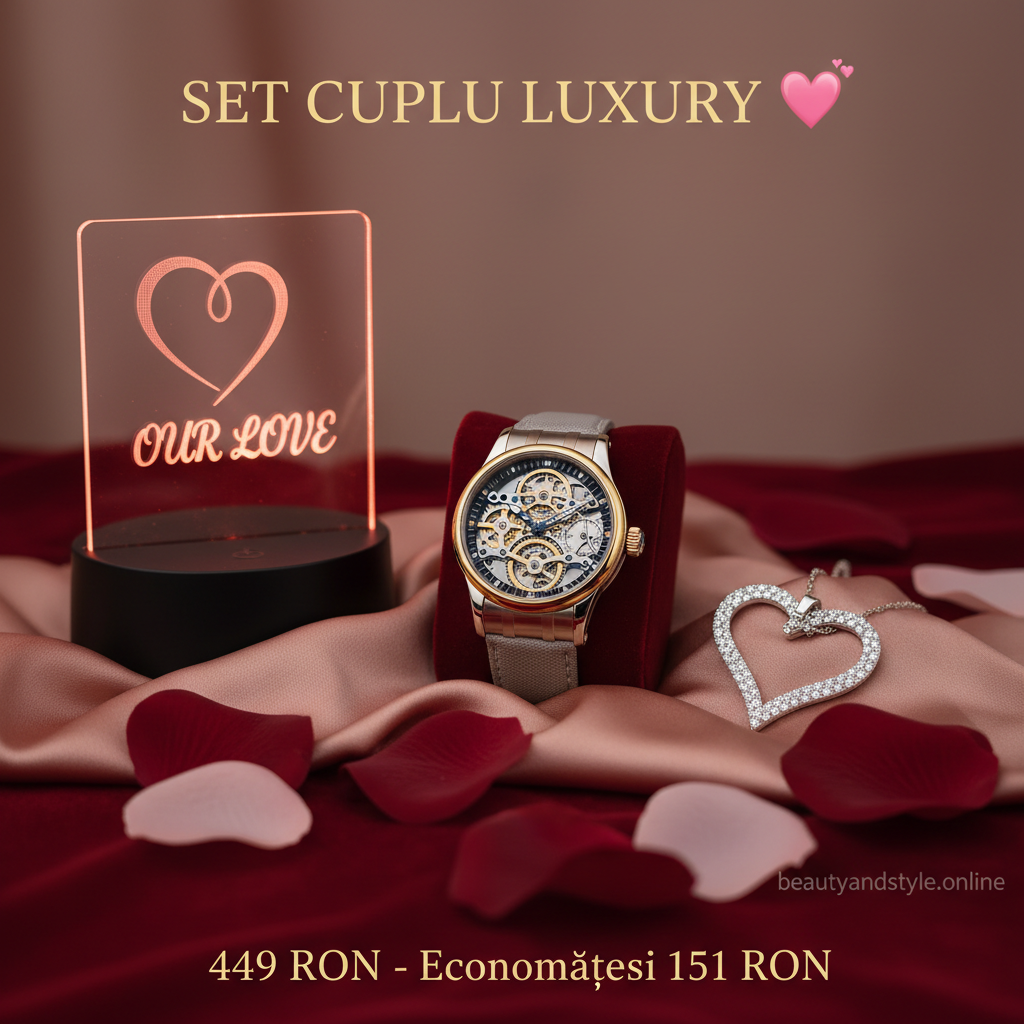 💝 SET CUPLU LUXURY - Ceas Tourbillon + Colier Argint 925 + Lampă LED Personalizată | Valentine's Day Premium