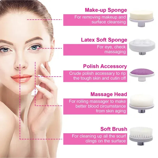 Waterproof Facial Cleansing Brush - 5 Brush Heads | Electric Spin Scrubber for Deep Pore Cleansing