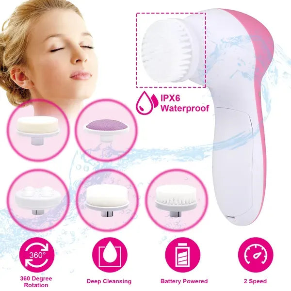 Waterproof Facial Cleansing Brush - 5 Brush Heads | Electric Spin Scrubber for Deep Pore Cleansing